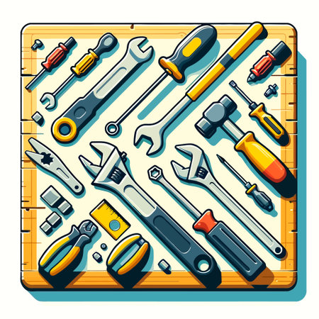illustration of mechanical workshop tools on a deskのイラスト素材
