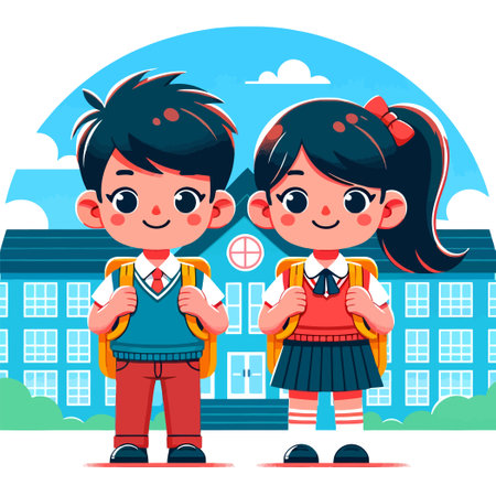 illustration of happy school children standing with backpacks celebrating education dayのイラスト素材