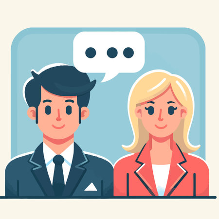 illustration of a businessman and a businesswoman talking with a chat iconのイラスト素材