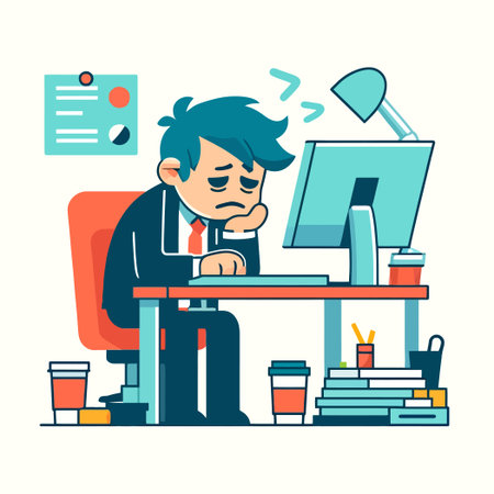 illustration of a business man with a tired expression while working at the computerのイラスト素材