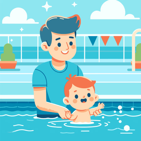 illustration of a cute kid learning to swim with father in the poolのイラスト素材