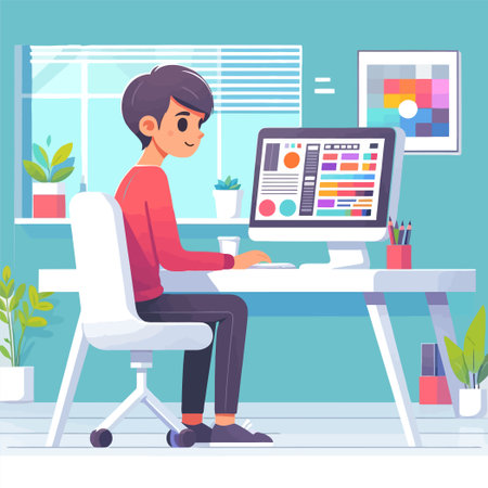 illustration of a designer working on a computerのイラスト素材