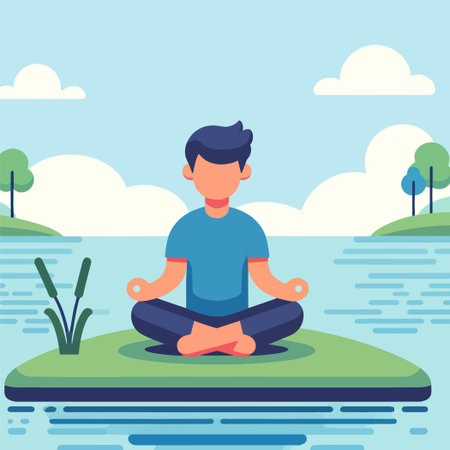 illustration of a man meditating yoga on a lakeのイラスト素材