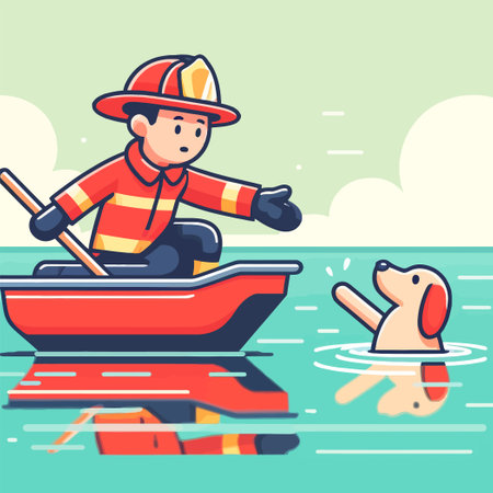 illustration of a firefighter rescuing a drowning dogのイラスト素材