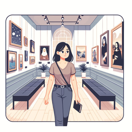 illustration of a person visiting a museum exploring an art galleryのイラスト素材