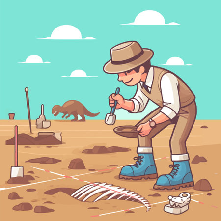 illustration of an archaeologist researching a dinosaur fossilのイラスト素材
