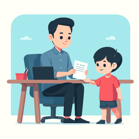 Illustration of a boy helping father work in front of a laptopのイラスト素材