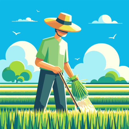 Illustration of a farmer sowing rice in a rice fieldのイラスト素材