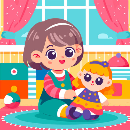 illustration of a young girl playing with a toy dollのイラスト素材