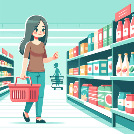 illustration of a woman shopping with a basket in a grocery storeのイラスト素材