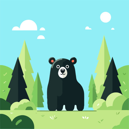 illustration of a cute black bear in the forestのイラスト素材