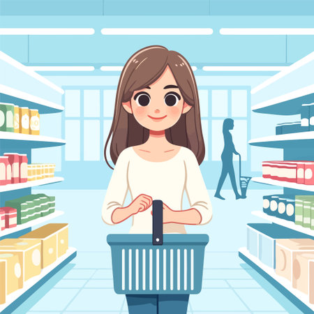 illustration of a woman shopping with a basketのイラスト素材