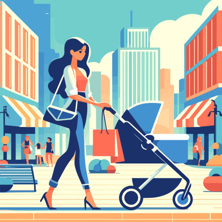 illustration of a woman with a baby strollerのイラスト素材