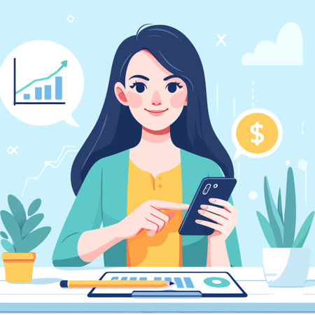 illustration of a businesswoman analyzing rising stocksのイラスト素材