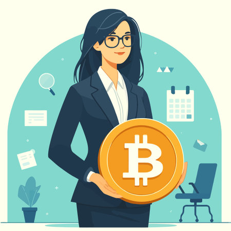 illustration of a female investor holding Bitcoinのイラスト素材