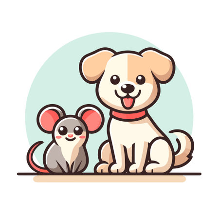 A cute cartoon of a dog and a mouse sitting together and smilingのイラスト素材