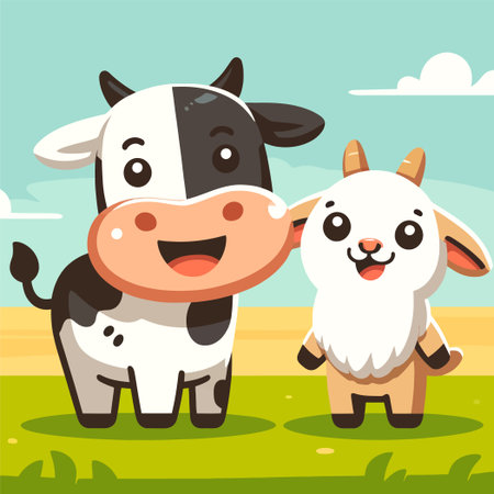 A cartoon of a joyful cow and goatのイラスト素材