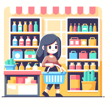 illustration of a woman choosing groceries on a store shelf with a basketのイラスト素材