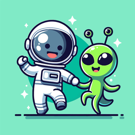 illustration of happy alien and astronaut dancing togetherのイラスト素材