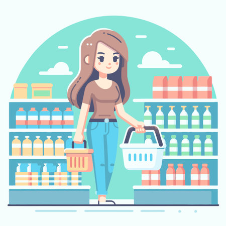 illustration of a woman shopping with a basket in a storeのイラスト素材