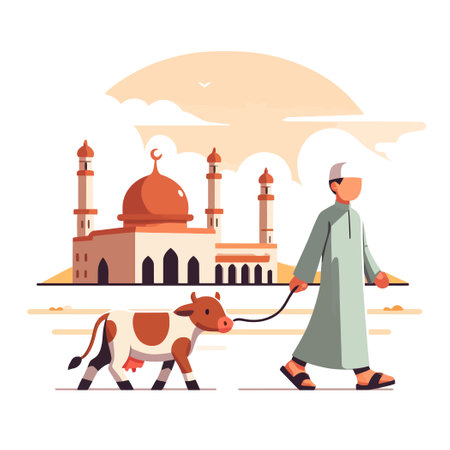illustration of a Muslim man walking with a cow towards a mosqueのイラスト素材