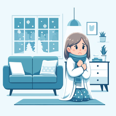 illustration of a woman in a sweater and scarf feeling cold inside the houseのイラスト素材