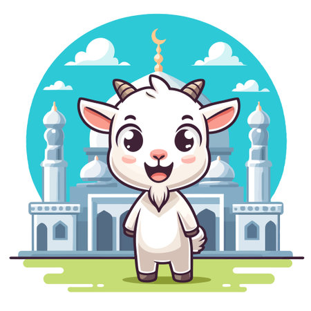 illustration of a cute sacrificial goat in front of a mosqueのイラスト素材