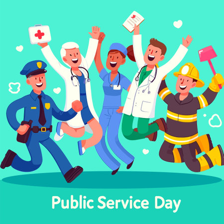 illustration of people in various public service professions jumping for joyのイラスト素材