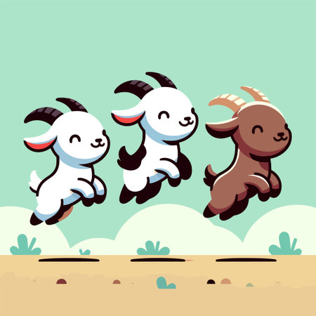 cartoon illustration of a herd of cute goats jumping for joyのイラスト素材