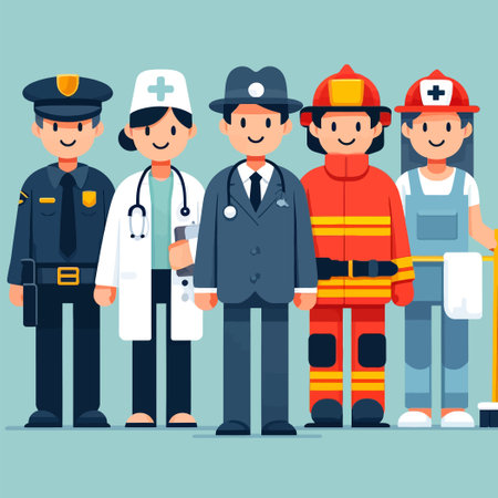 illustration of people with different public service professions standing confidentlyのイラスト素材