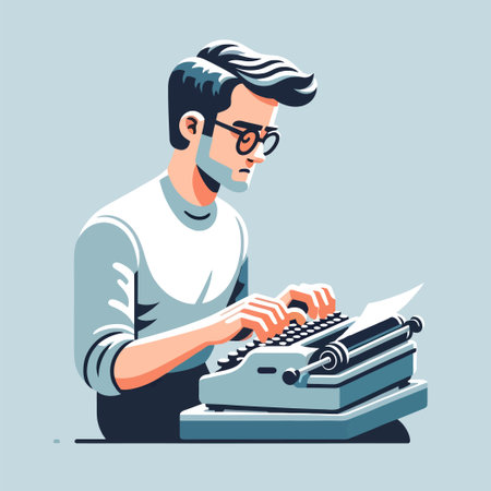 cartoon illustration of a man typing on a classic typewriterのイラスト素材