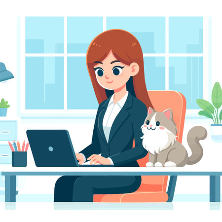 cartoon illustration of a businesswoman working with a cute cat on the deskのイラスト素材
