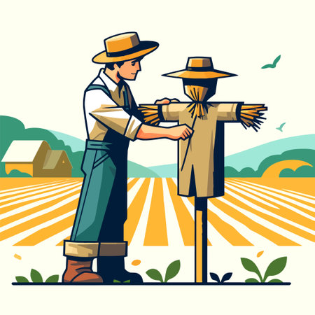 Cartoon of a farmer making a scarecrow in a fieldのイラスト素材