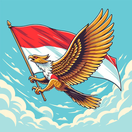 cartoon of a Garuda bird flying in the sky clutching the Indonesian flagのイラスト素材