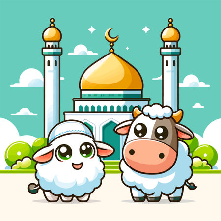 Cute cartoon of Islamic sacrificial cow and sheep in front of a mosqueのイラスト素材