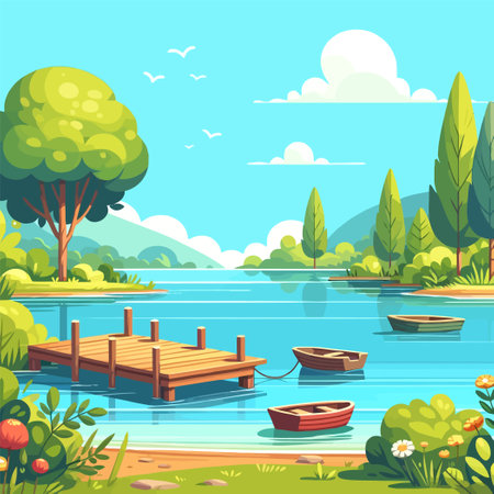 Cartoon illustration of a wooden dock on a lakeのイラスト素材