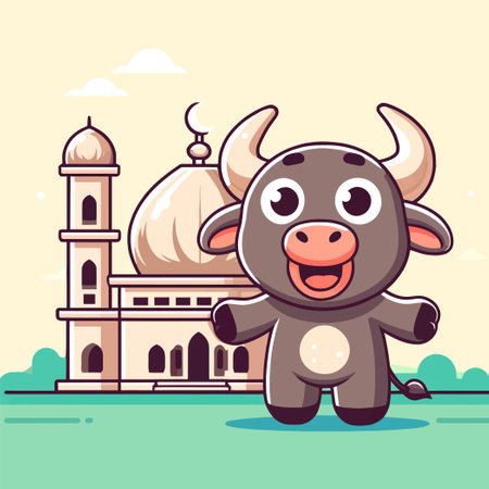 cheerful cartoon of a sacrificial buffalo standing in front of a mosqueのイラスト素材