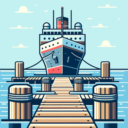 Cartoon illustration of a large ship docked at a pierのイラスト素材