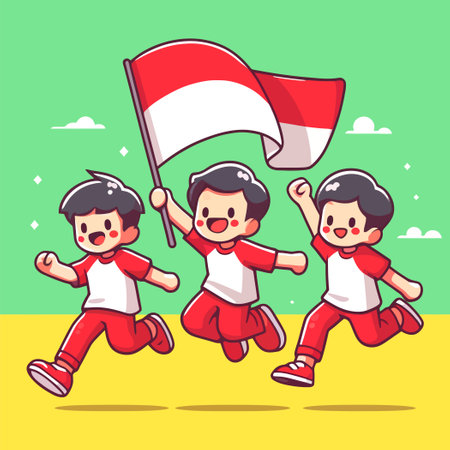 Happy cartoon kids with Indonesian flagのイラスト素材