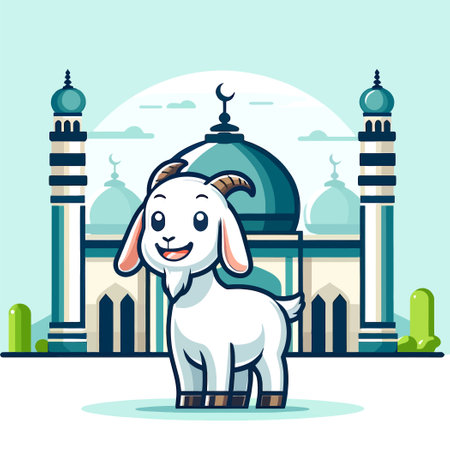cartoon of a happy sacrificial goat in front of a mosqueのイラスト素材