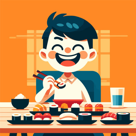 cartoon of a person enjoying sushi at a dining tableのイラスト素材
