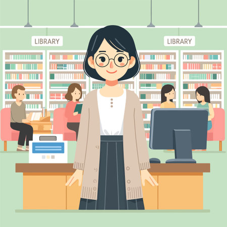 illustration of a female librarian with books in a libraryのイラスト素材
