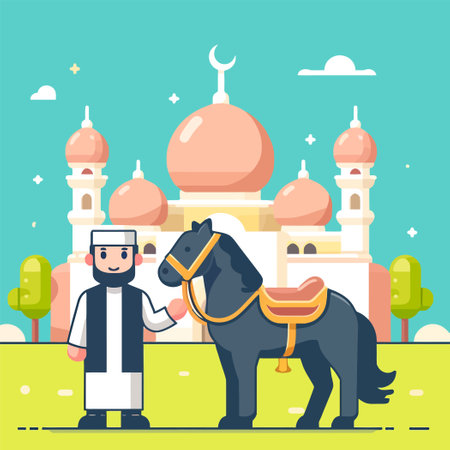 Cartoon of a Muslim man standing with a horse in a mosqueのイラスト素材
