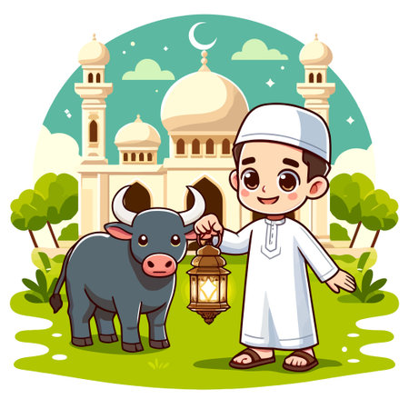 Cartoon of a child with an Islamic lantern and a sacrificial buffalo in a mosqueのイラスト素材