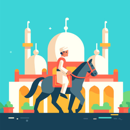 Cartoon of a Muslim man riding a horse in a mosqueのイラスト素材
