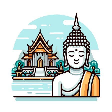 illustration of Buddha statue with templeのイラスト素材