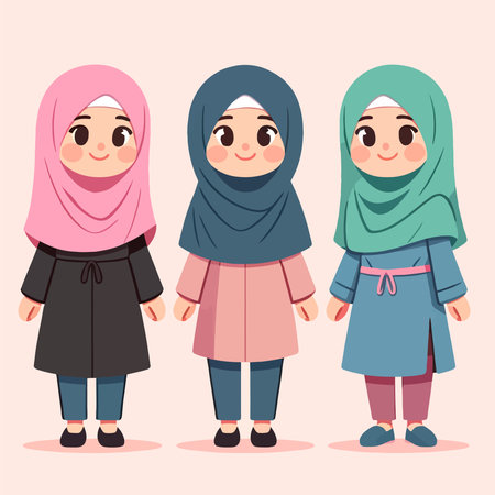 cartoon characters of cute and beautiful women wearing hijabsのイラスト素材