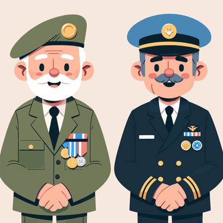 cartoon character of two elderly veterans standing in uniformのイラスト素材