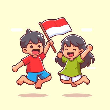 cartoon of a cute kid with an Indonesian flag jumping for joyのイラスト素材
