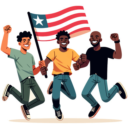 illustration of young people jumping for joy with the Liberian flagのイラスト素材